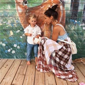 Free People Chambray Denim and plaid linen flory boho dress M